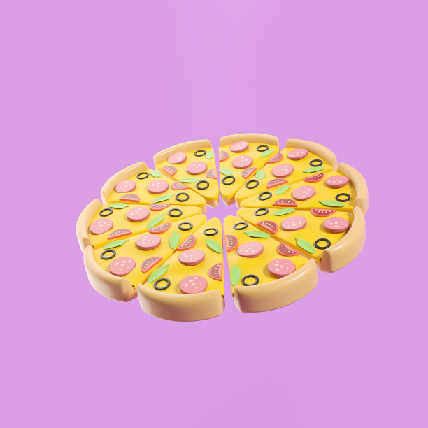 整个披萨在紫色的背景上切片图片下载