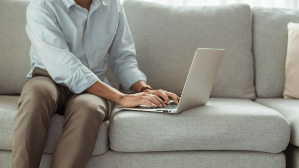 居家办公年轻人学生使用笔记本电脑在他的客厅。在沙发上工作的商人，自由职业者，商务，学习和教育，生活理念。图片下载