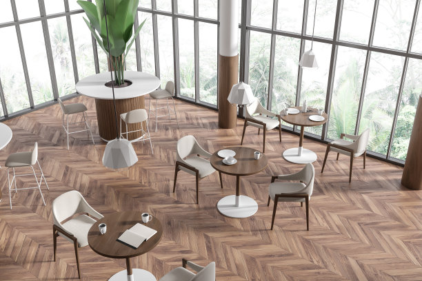 明亮的咖啡馆内部，全景窗户与乡村景观图片下载