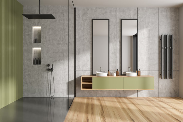 正面视图明亮的浴室内部与淋浴图片下载