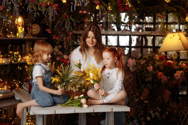 两个女孩和一位年轻的母亲做了一束花图片下载