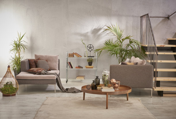 现代家居室内风格，木质楼梯，角落座位，桌子框架，时钟地毯，植物椅，拼花地板图片下载