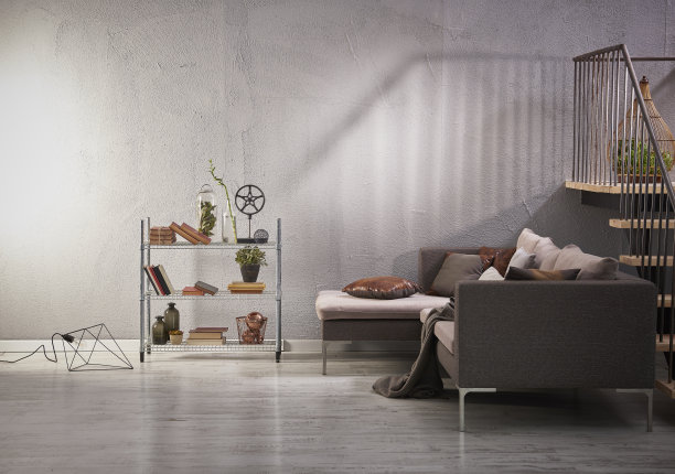 现代家居室内风格，木质楼梯，角落座位，桌子框架，时钟地毯，植物椅，拼花地板图片下载