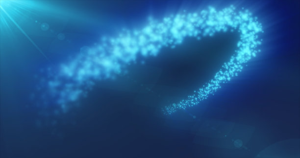 抽象飞行神奇发光的能量蓝色粒子线在一个灿烂的太阳光线在一个黑暗的背景。抽象的背景图片下载