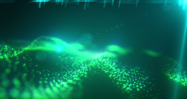 抽象发光的绿色魔法能量波从粒子和点明亮闪亮的黑暗背景。抽象的背景图片下载