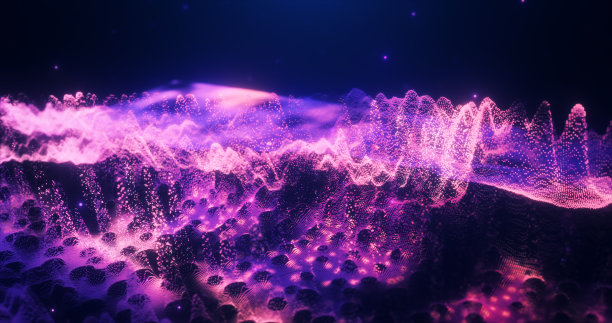 抽象移动的紫色未来景观的粒子和点的能量魔法发光和模糊效果，抽象的背景图片下载