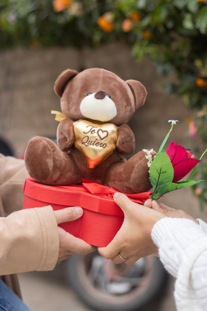 心形的盒子，一朵玫瑰，一个棕色的毛绒动物，上面有一颗金色的心，还有一句“我爱你”。情人节礼物、友谊、爱情、感情等。图片下载