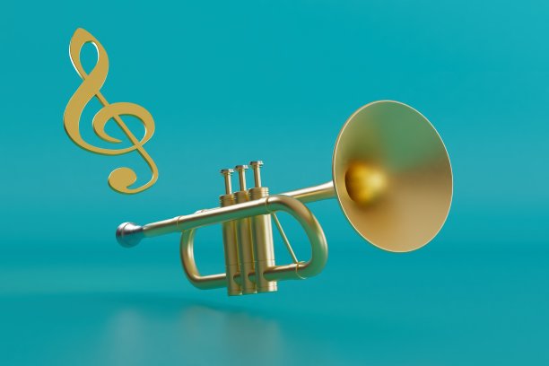 吹小号的概念。音符从蓝色背景上飞出来的管子。三维渲染图片下载