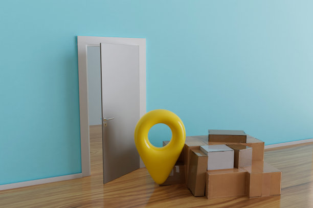 派送包裹至指定地址。包裹和GPS在敞开的门前的位置。三维渲染图片下载