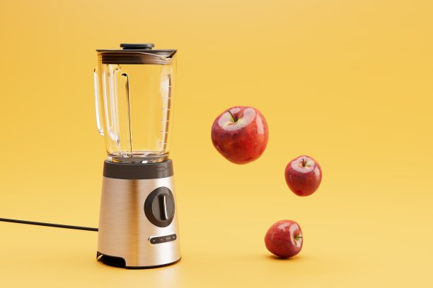 获取苹果汁和苹果汁泥的概念。电动搅拌机，榨汁机和黄色背景的苹果。三维渲染图片下载