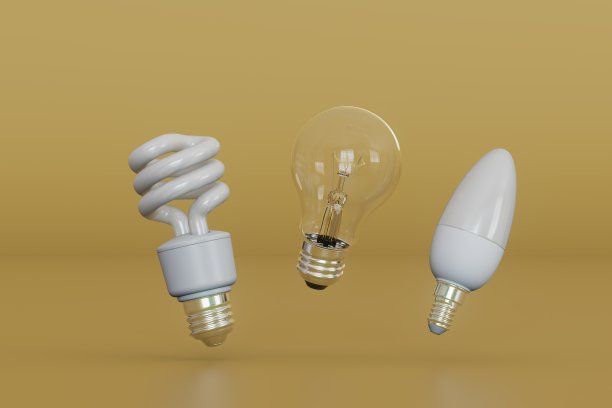 黄色背景上的普通节能灯泡。三维渲染图片下载