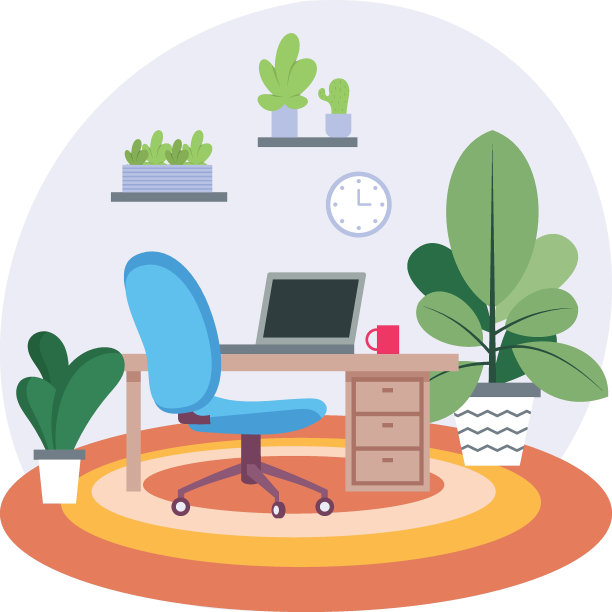 从家里工作的概念，仿生学启发的虚拟空间矢量彩色图标设计，绿色办公符号，生态友好的工作空间标志，现代室内设计元素库存插图图片下载