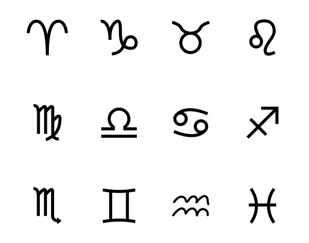 星座图标。矢量插图。十二生肖。白羊座、金牛座、狮子座、双子座、处女座、天蝎座、天秤座、水瓶座、射手座、双鱼座、摩羯座、巨蟹座。图片下载