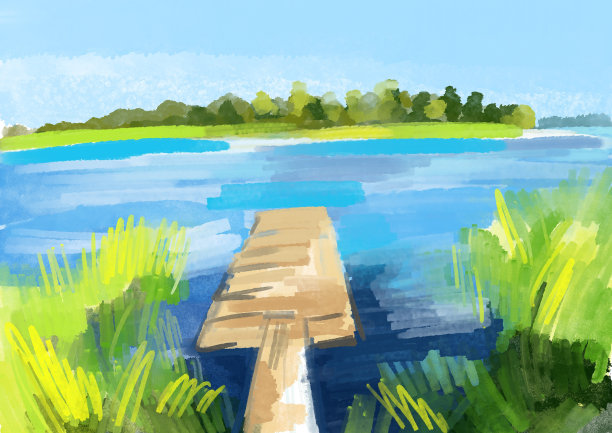 河流景观。夏天的插图图片下载