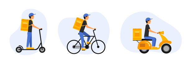 交付图标设置。不同交通工具上的快递员。向量。图片下载