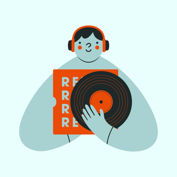卡通人物戴着耳机拿着黑胶唱片。复古音乐，摇滚概念。图片下载