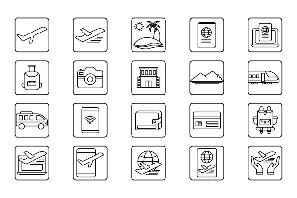 旅行套装图标插图。与交通、度假、游客相关的图标。轮廓图标样式。简单的矢量设计可编辑图片下载