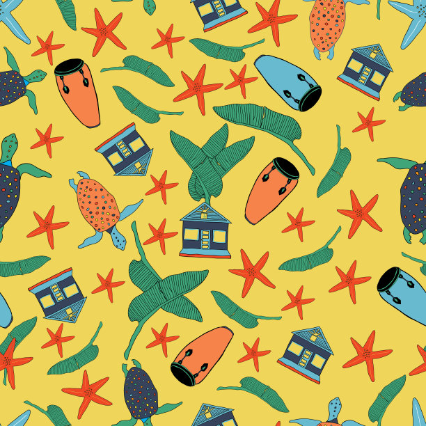 加勒比民间艺术，黄色背景上有乌龟、房子和鼓。图片下载