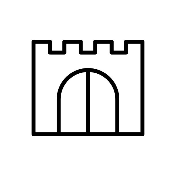 城堡大门图标。黑色轮廓线性轮廓。前视图。可编辑的中风。矢量简单平面图形说明。白色背景上的孤立物体。隔离。图片下载