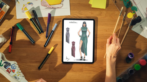 从即将到来的系列中，女性时装设计师在平板电脑上绘制服装草图的俯视图。才华横溢的女人从桌子上捡起画笔。服装设计过程概念。图片下载
