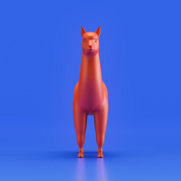 羊驼单色单色动物。红色单动物从正面视图，单色动物在蓝色工作室，3d渲染图片下载