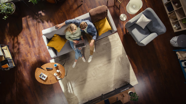 阁楼公寓的俯视图:幸福的夫妇使用笔记本电脑在时尚的客厅。看数字显示。沙发上:男友拥抱女友，她用电脑网购，电子商务。图片下载