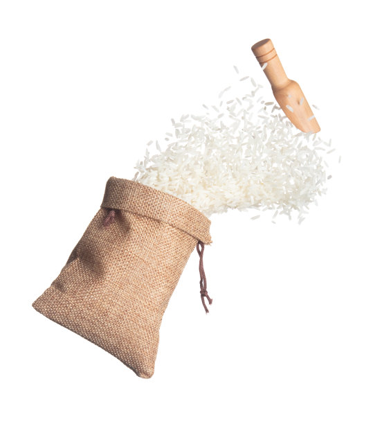 日本稻谷在麻袋里炸飞，白色的稻谷落抽象飞。美丽完整的稻种袋在空中飞溅，食物对象设计。白色背景隔离，高速冻结运动图片下载