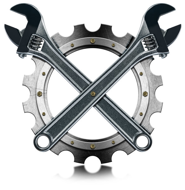 不锈钢可调扳手和隔离在白色背景的金属齿轮图片下载