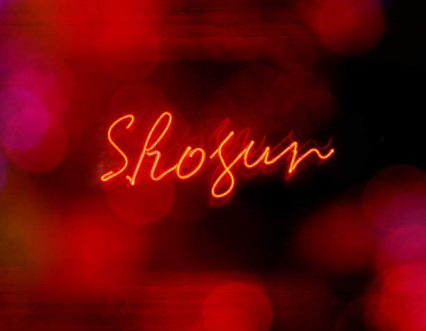 合成照片与一个充满活力的红色发光文字说“幕府将军在黑色背景与散景图片下载