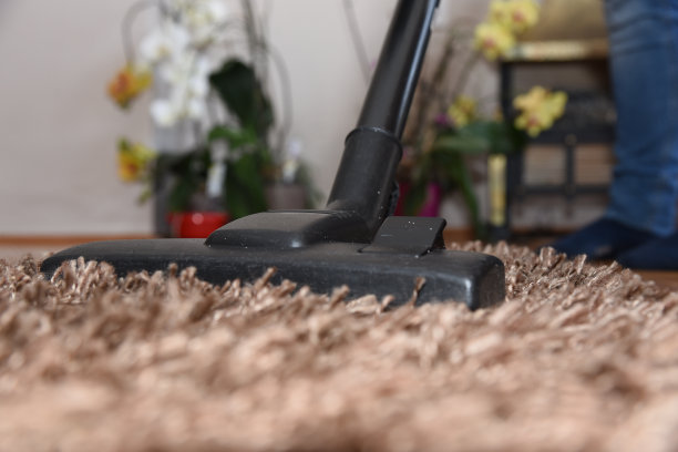 用真空吸尘器清洁地毯。房子的春季大扫除图片下载