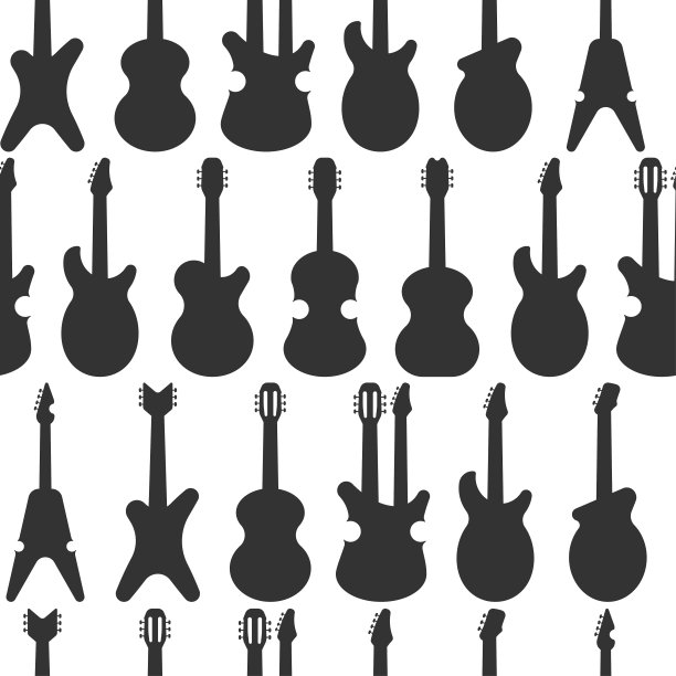 吉他轮廓矢量无缝模式上的白色背景。图片下载