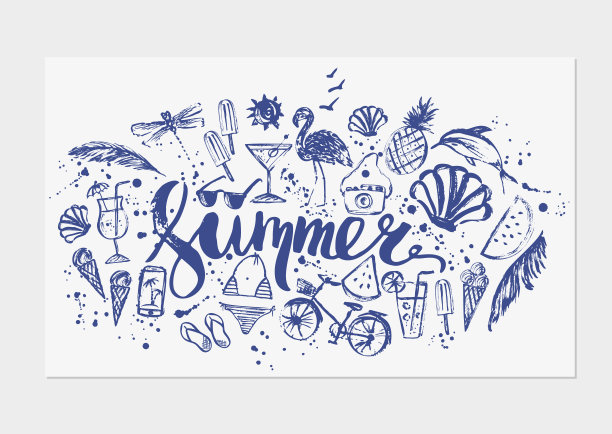 夏天的背景与手绘草图，垃圾滴和字母图片下载