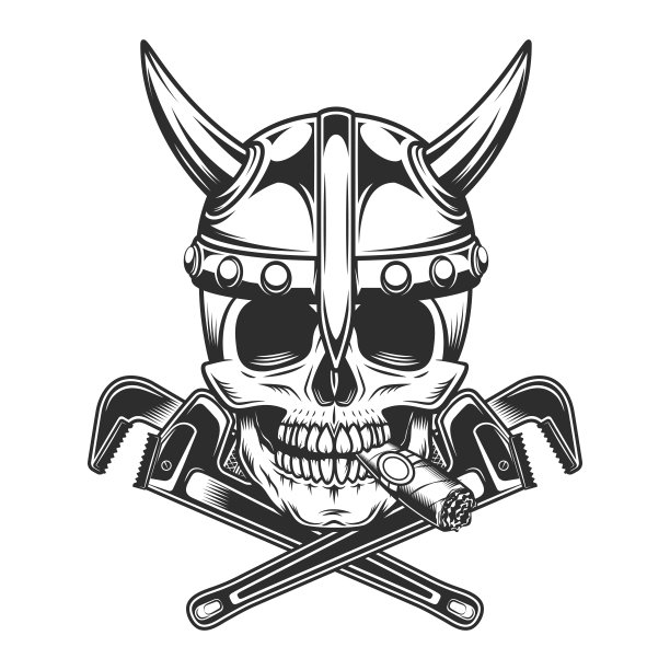 头骨吸烟雪茄或香烟烟雾与海盗头盔和交叉可调扳手业务建设者从新的建设和改造房屋插图图片下载