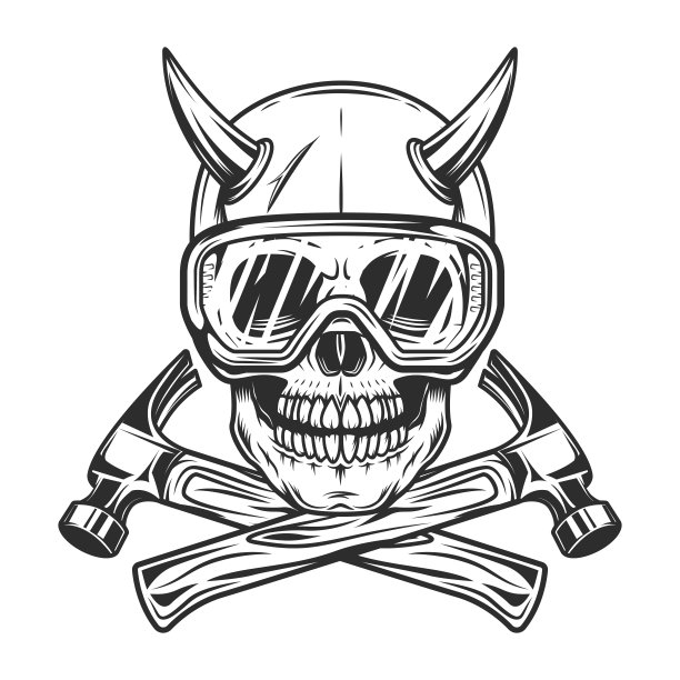 头骨与角在安全眼镜和身体车间机械修理工具或建筑建设者锤子在老式单色风格矢量插图图片下载