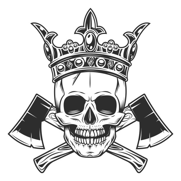 头颅在皇冠和交叉的金属斧头，手柄由木头制成。木斧建筑施工工具。元素为商业木工或伐木工人的标志或图标。图片下载