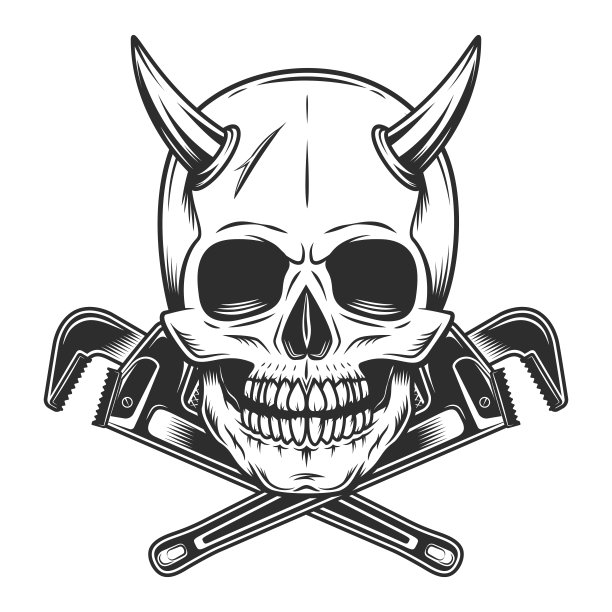 头骨与角和施工扳手的气体和建设者管道扳手或车身车间机械扳手修复工具在复古单色风格矢量插图图片下载