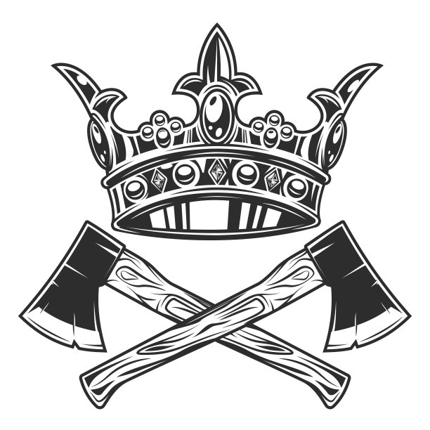 木斧建筑施工工具。元素为商业木工或伐木工人的标志或图标。十字金属斧头，手柄由木头和皇家皇冠制成图片下载