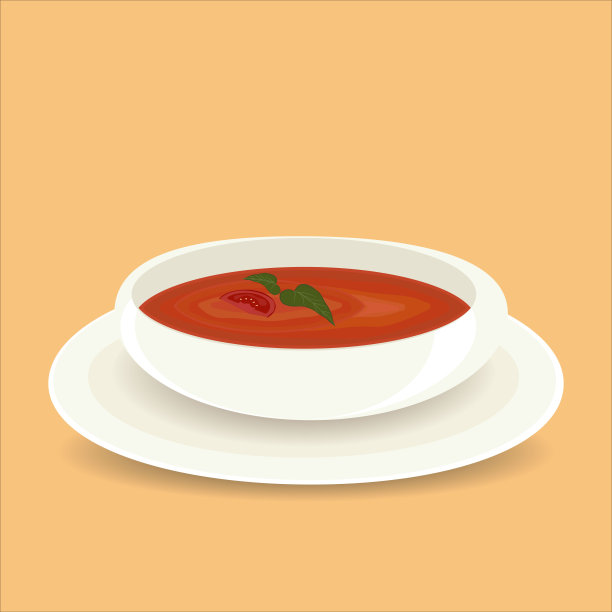 西班牙凉菜汤与蔬菜分离。矢量插图。热腾腾的一碗番茄汤，盘中孤立icon。图片下载