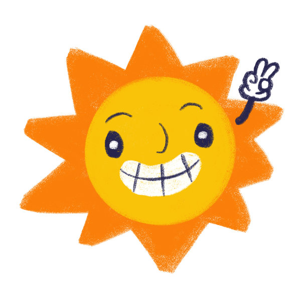 卡通笑脸太阳显示胜利的手势。蜡笔风格的涂鸦插图图片下载