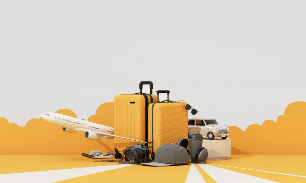 黄色行李箱，黄色背景上有旅行配件。旅行概念与飞机。三维渲染图片下载