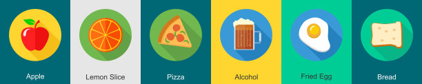 一套6食物图标，如苹果，柠檬片，披萨图片下载