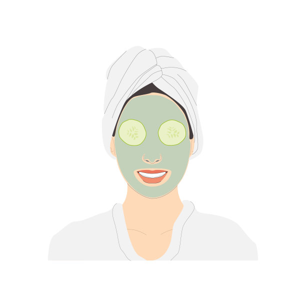 面部美容护理，微笑的女人用黄瓜在她的眼睛上，并在她的脸上涂上绿色面膜，以保持良好的皮肤状况，白色背景上隔离矢量。图片下载
