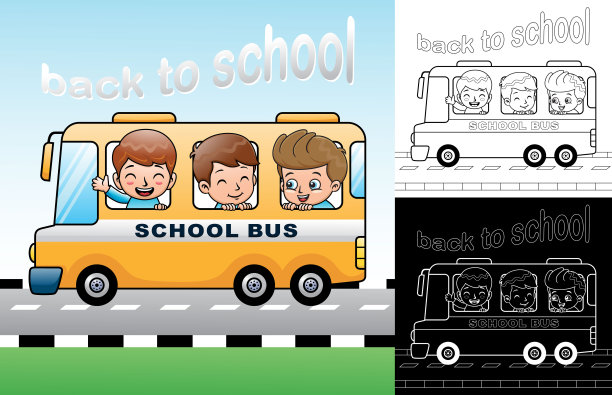 有趣的学生在校车上的矢量卡通。填色书或书页图片下载