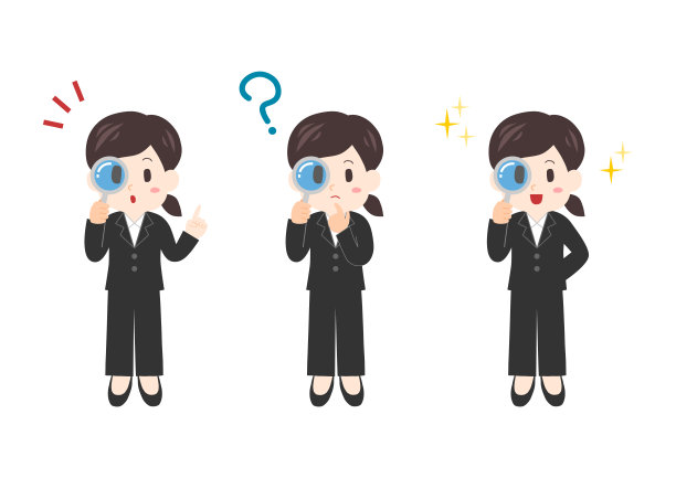 一个商人透过放大镜看东西的插图。年轻女子面部表情设定。图片下载