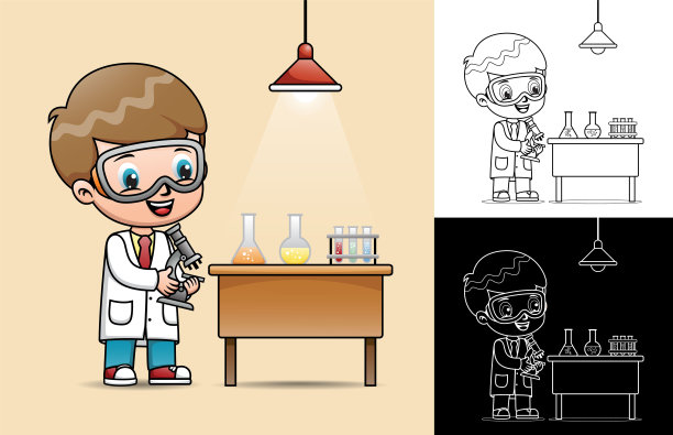小科学家卡通拿着显微镜在实验室与液体化学玻璃图片下载