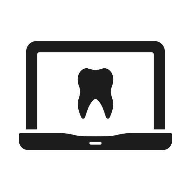笔记本电脑标识的牙齿健康诊断。在线牙科剪影图标。牙科护理虚拟咨询字形象形图。远程牙医帮助符号。孤立矢量图图片下载