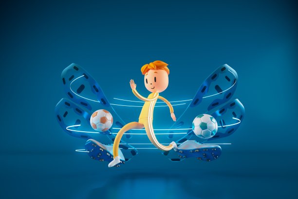 动作卡通3d人物。男孩在运动。3 d插画家。丰富多彩的人体设计。快乐的脸。运动对象渲染。健身活动。健康的概念。复制空间背景。足球图片下载