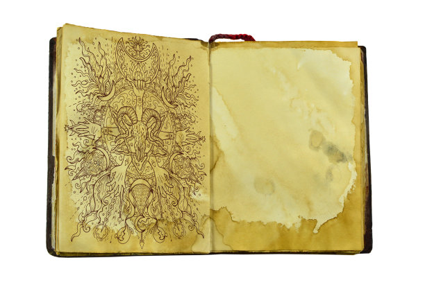 旧书页与手绘神秘的插图和符号女巫魔法咒语对纸背景。哥特式，神秘和深奥的概念与复制空间。古老的卷轴孤立在白色上。图片下载