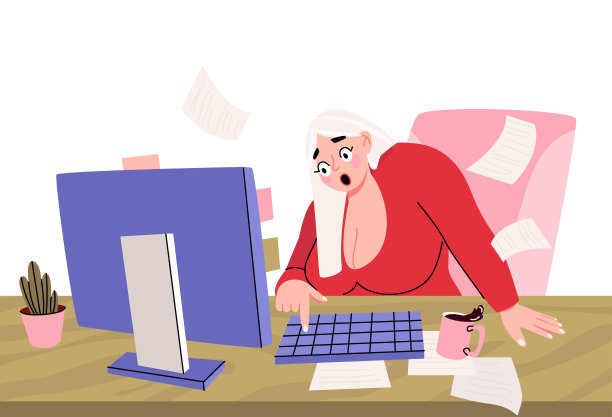 女人震惊了。工作场所。工作场所的混乱。女孩震惊地看着电脑屏幕。平面矢量图图片下载