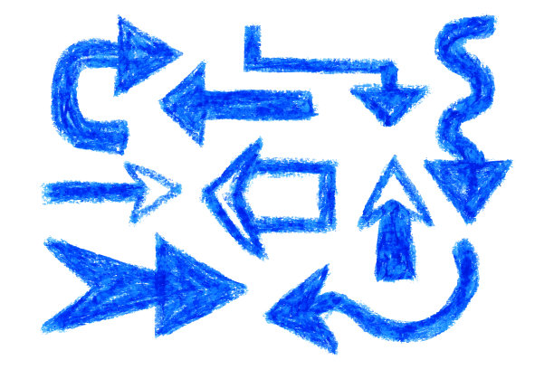 明亮的蓝色箭头-手绘的一套垃圾箭头孤立在白色。矢量插图箭头画在油彩蜡笔图片下载